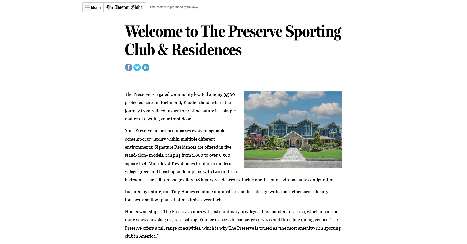 Screenshot of the Boston Globe article about The Preserve Sporting Club & Residences