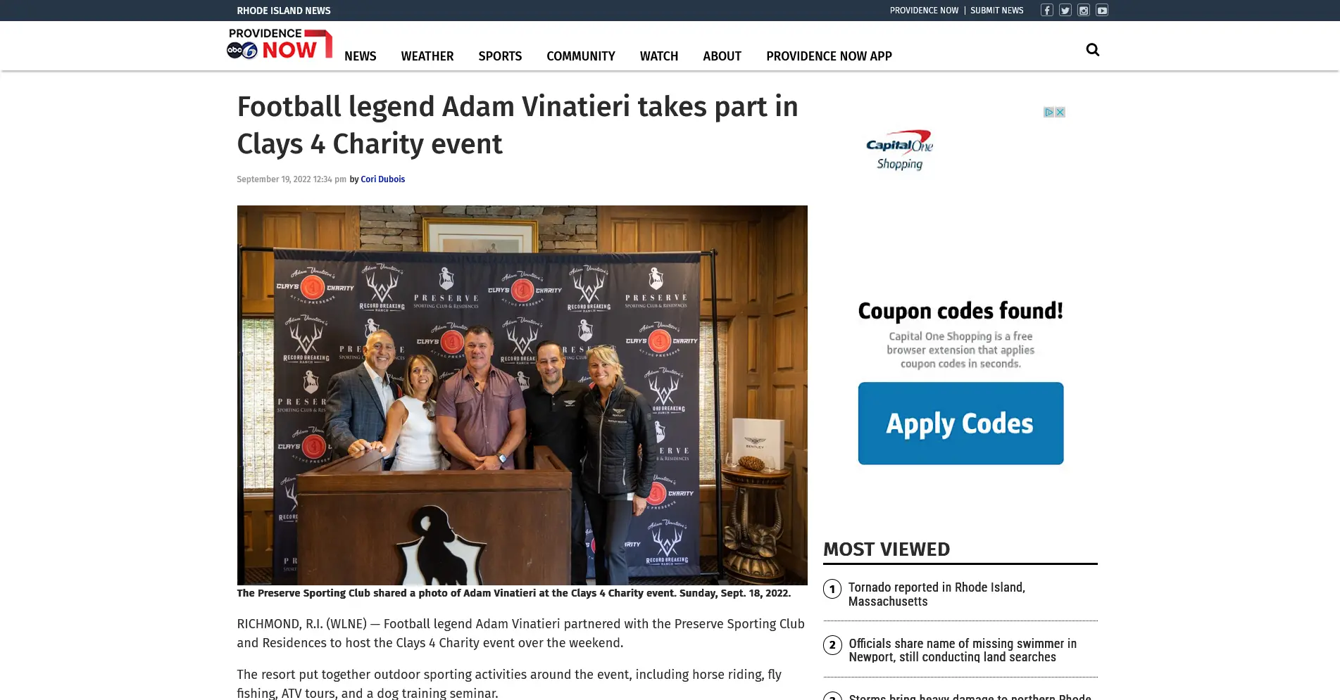 Screenshot of ABC6 article featuring Adam Vinatieri at Clays 4 Charity event