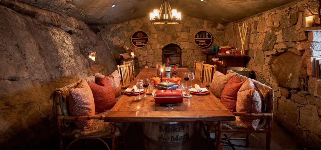 Cozy dining setup inside the Hobbit House at The Preserve Resort & Spa.