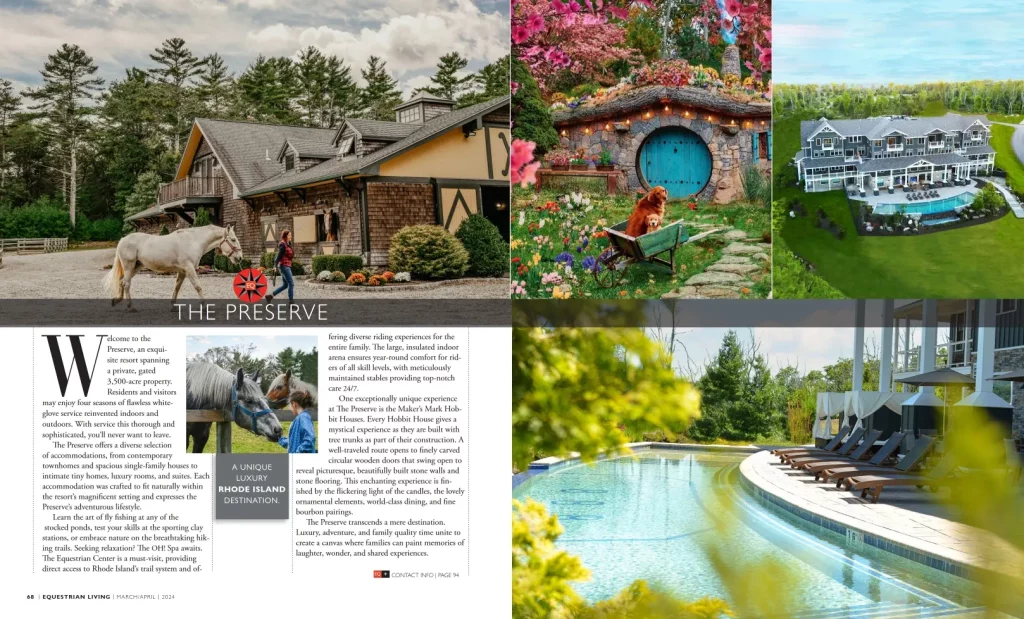 Equestrian Living’s spread on The Preserve, showcasing its luxury amenities and natural beauty in Rhode Island.