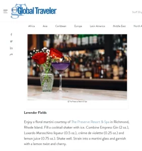 GT Global Traveler article featuring The Preserve Resort & Spa's Lavender Fields martini.