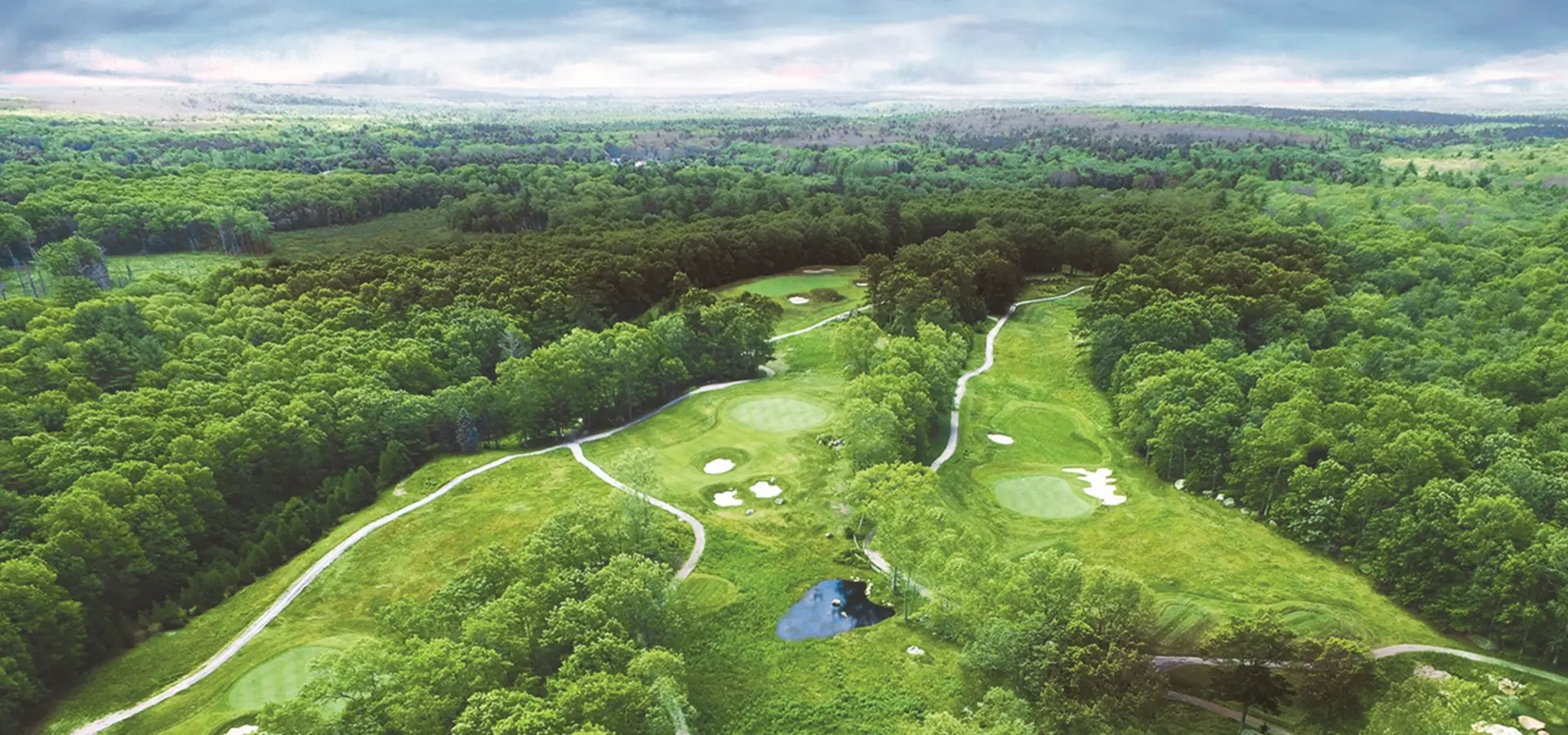 Aerial view of The Preserve Resort & Spa's golf course in New England.