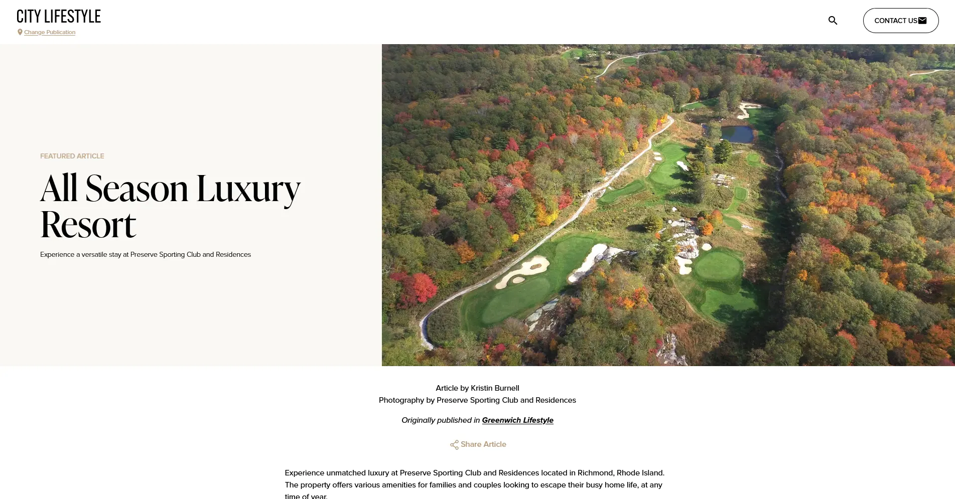 Featured article about All Season Luxury Resort on City Lifestyle, with an image of The Preserve Sporting Club golf course.