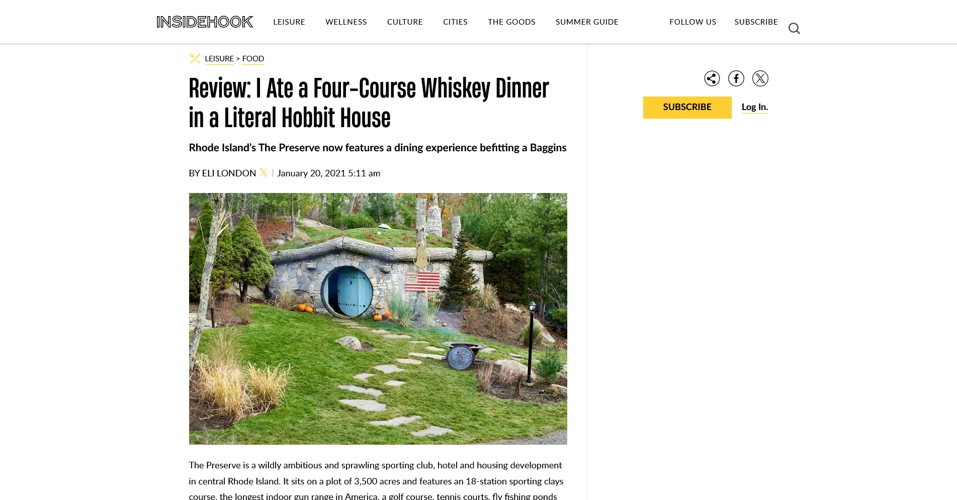 Screenshot of the InsideHook article detailing the four-course whiskey dinner in a Hobbit House.