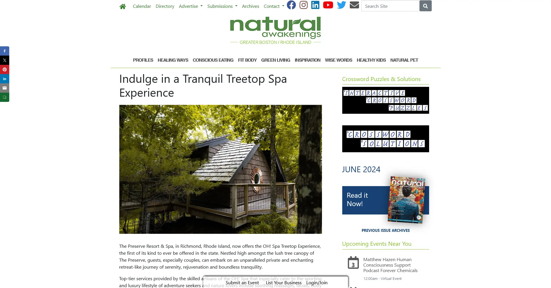 Screenshot of Natural Awakenings article featuring The Preserve's treetop spa experience