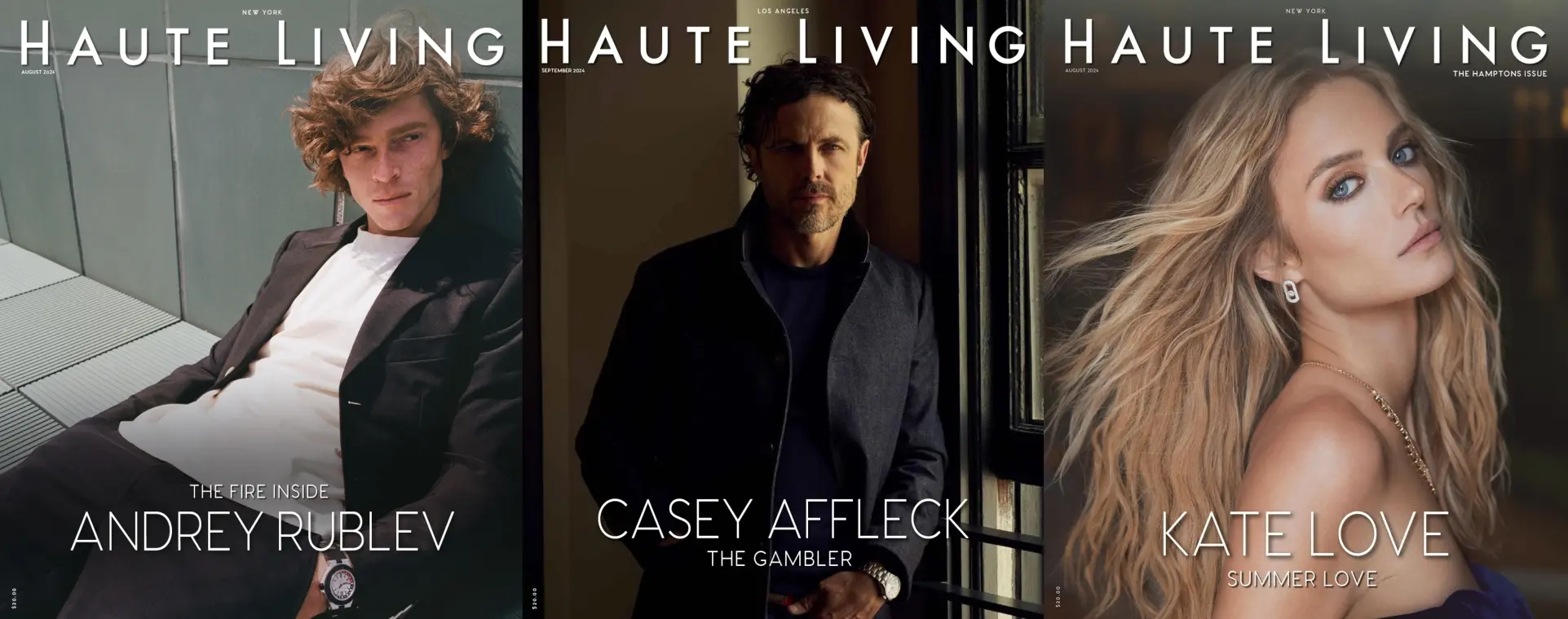 Haute Living magazine cover featuring Andrey Rublev, Casey Affleck, and Kate Love.