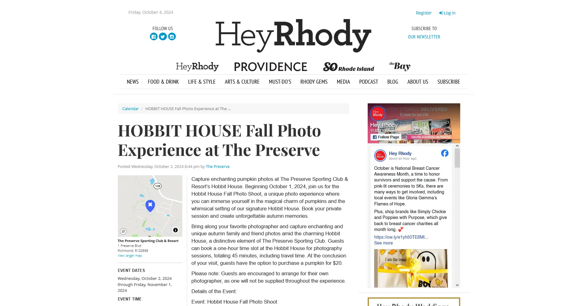 Screenshot of Hey Rhody’s article featuring the Hobbit House pumpkin photo shoot at The Preserve Sporting Club.