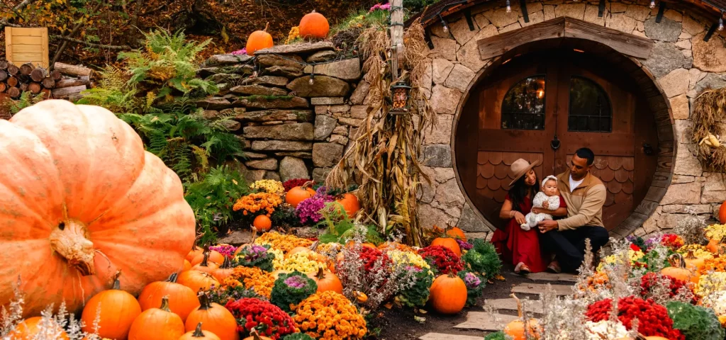 he Hobbit House at The Preserve Sporting Club surrounded by pumpkins for the fall photo shoot.