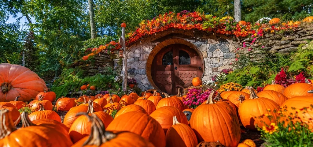 Hobbit House adorned with pumpkins for a fall photo shoot at The Preserve Sporting Club.