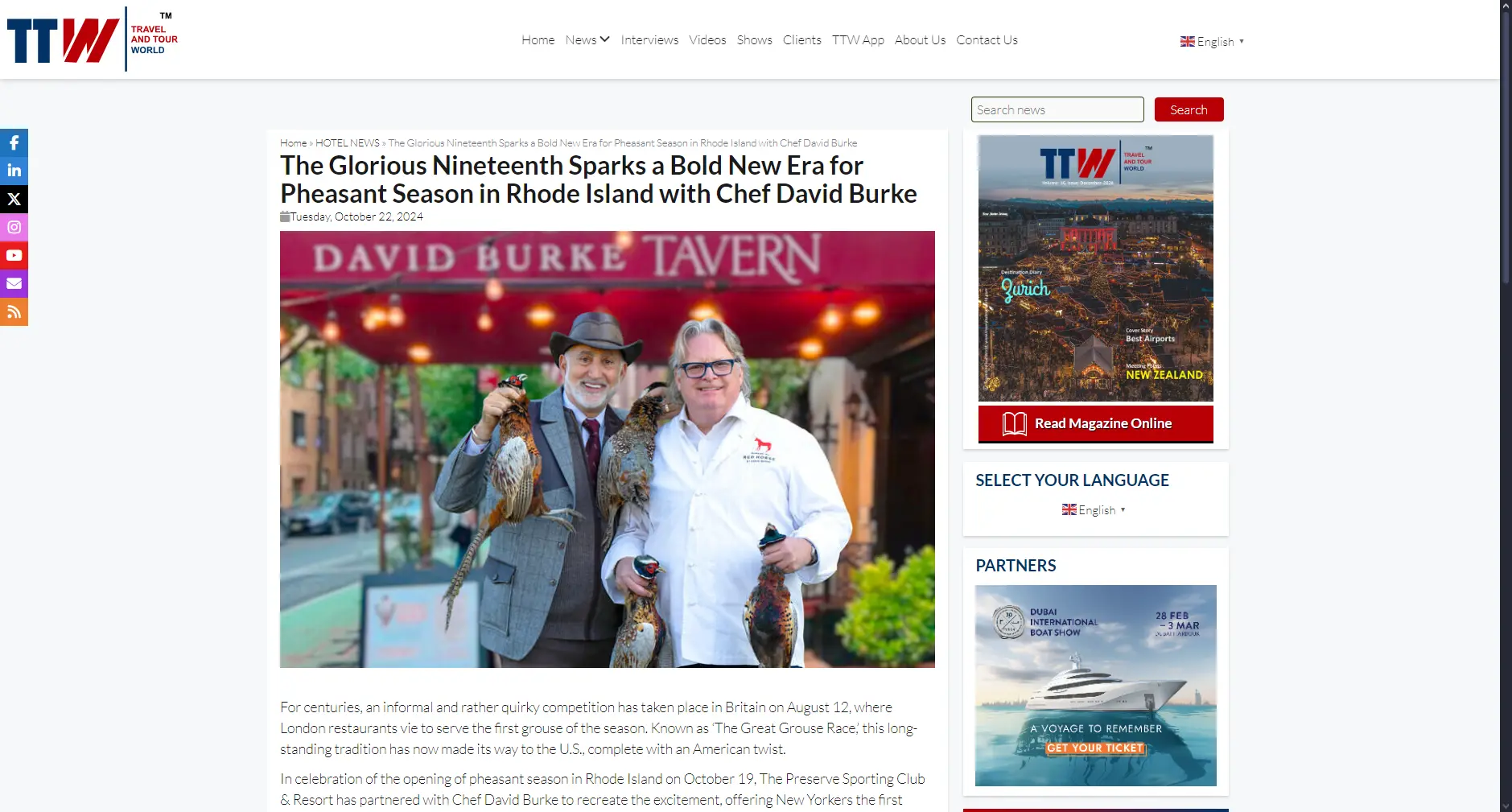 Screenshot of Travel and Tour World article featuring the Glorious Nineteenth event.