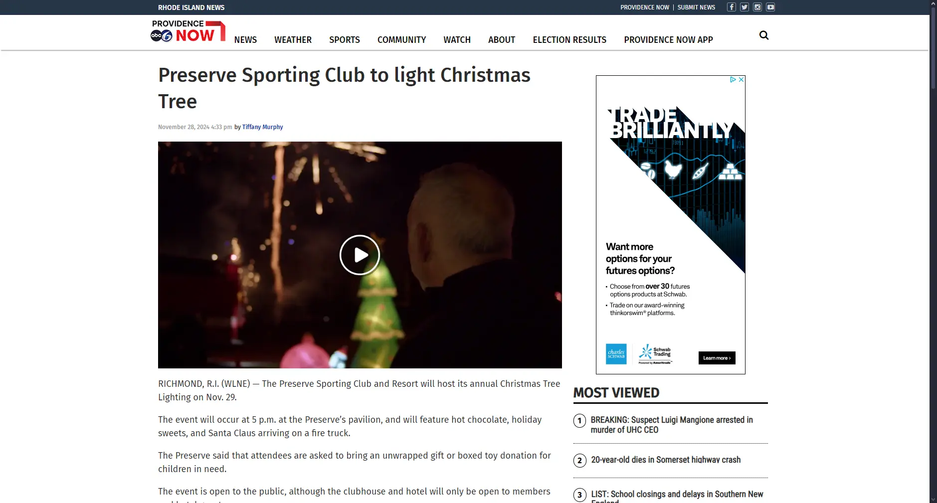 Screenshot of ABC6 News article about the Preserve Sporting Club's Christmas Tree Lighting.